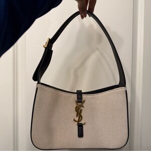Black Faux Leather and Cream Colored Canvas Shoulder Bag